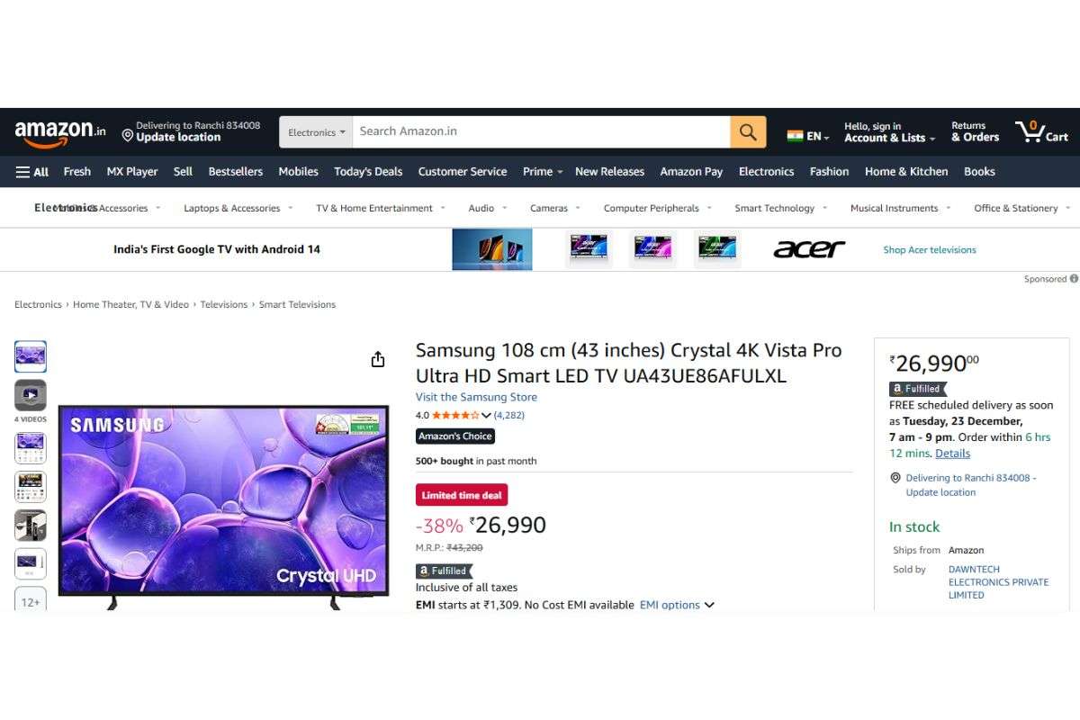 Amazon पर बेस्ट रेटिंग के साथ आते हैं ये 43 इंच के Smart Tv, कीमत सिर्फ 16,999 से शुरू 4 Samsung 4K Ultra Hd (43 Inches)