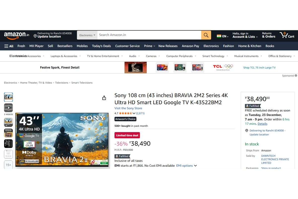 Amazon पर बेस्ट रेटिंग के साथ आते हैं ये 43 इंच के Smart Tv, कीमत सिर्फ 16,999 से शुरू 2 Sony Bravia 4K (43 Inches)