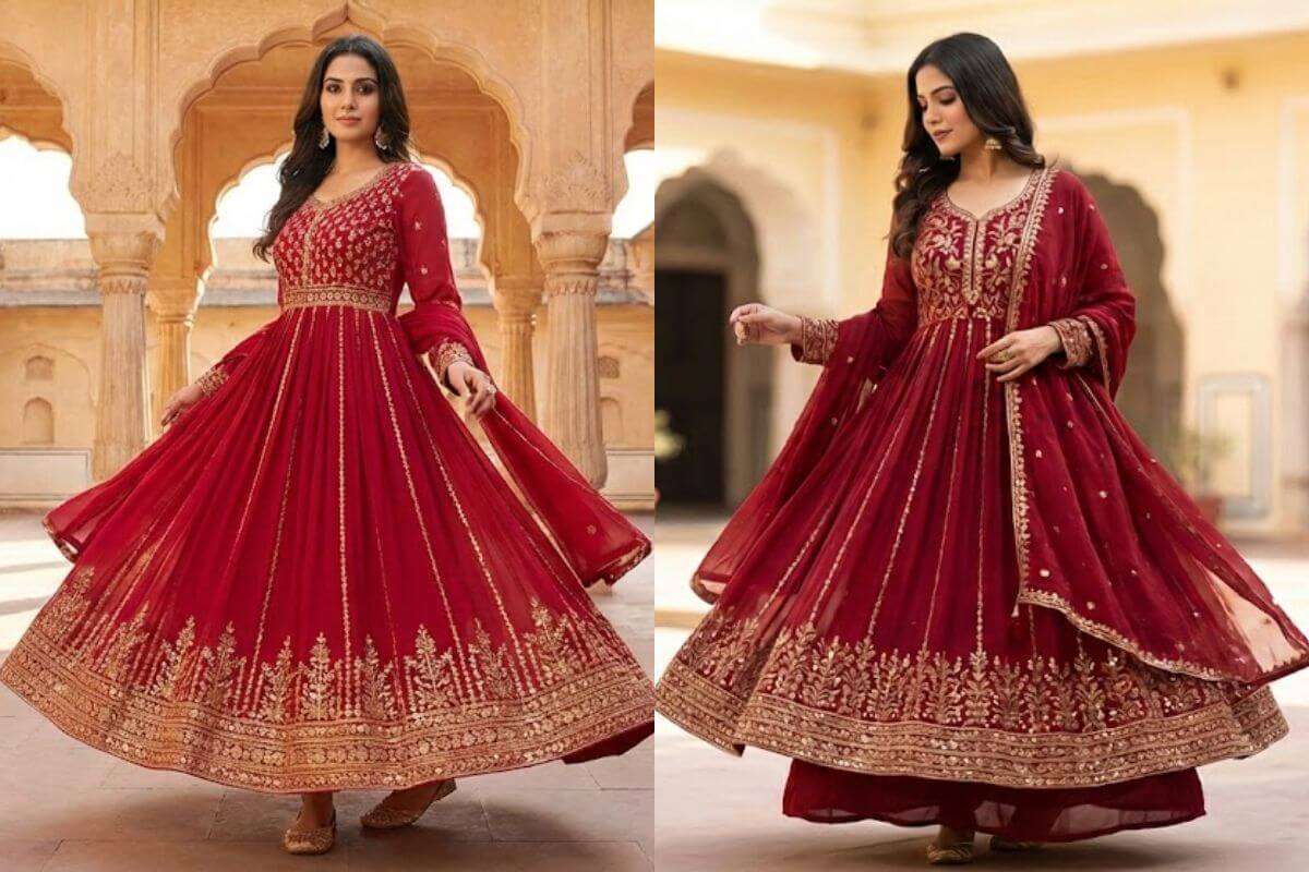 Red Suit Design: देखते ही सबकी निगाहें खींच लेगा, खास मौके पर ट्राई करें ये रेड सूट डिजाइन आइडियाज 1 Red Anarkali Suit Design