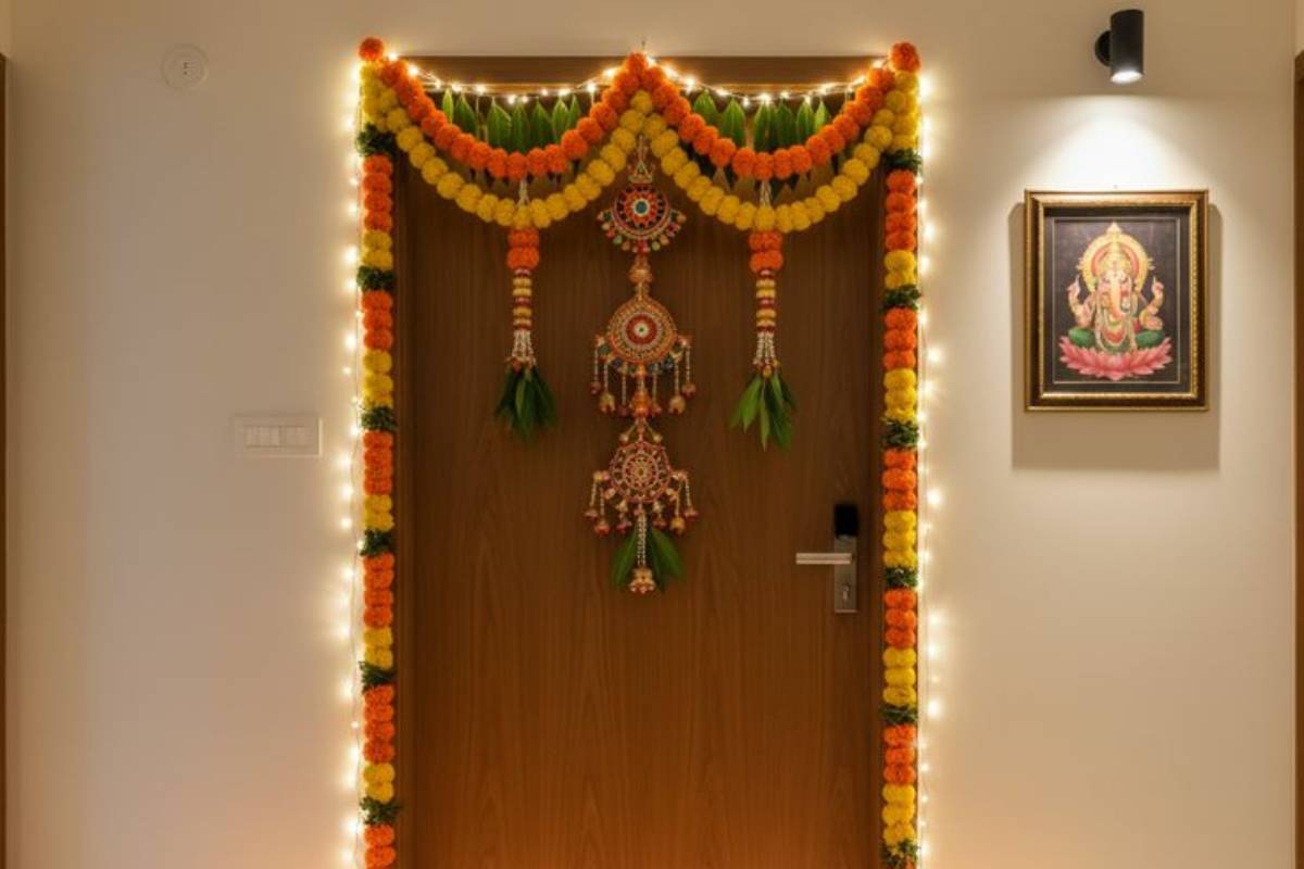 Traditional vastu toran or bandhanwar decorated on main door for positive energy
