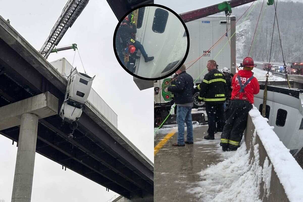 Truck Driver Rescued after Dangling off Snow Bridge
