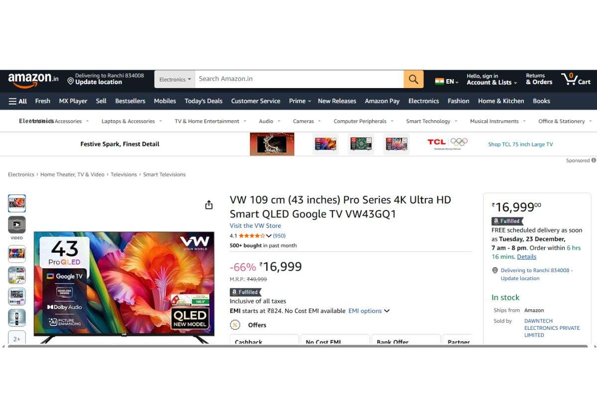 Amazon पर बेस्ट रेटिंग के साथ आते हैं ये 43 इंच के Smart Tv, कीमत सिर्फ 16,999 से शुरू 3 Vw 4K Ultra Hd (43 Inches)