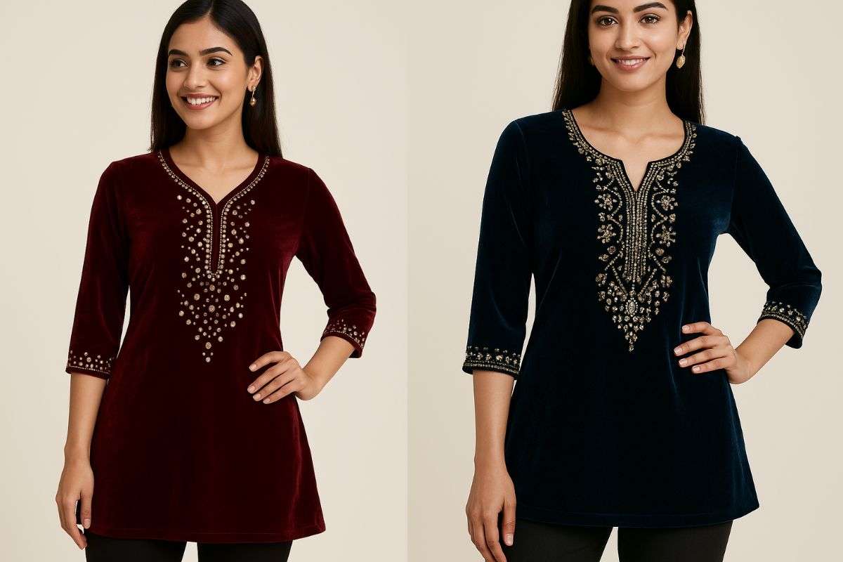 Stone Work Velvet Short Kurti 