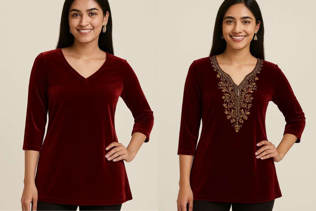 V-Neck Velvet Short Kurti