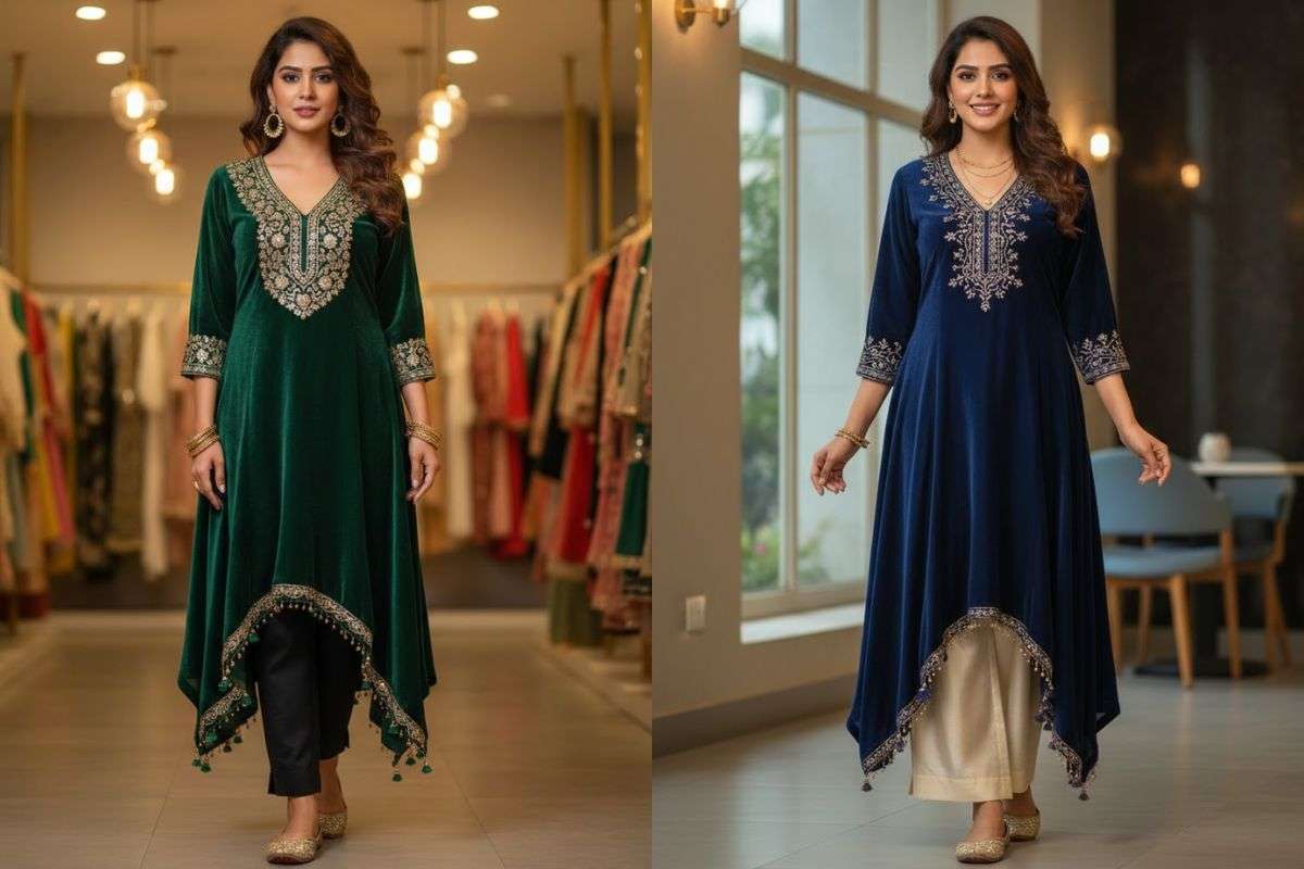 Trendy V-Neck Velvet Kurti