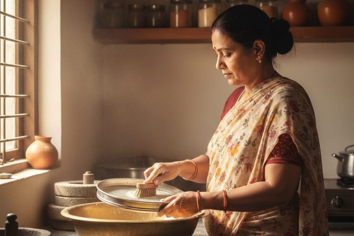 a women cleaning atta chalni (AI Generated)