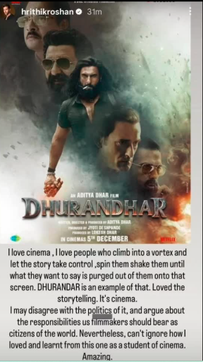 Dhurandhar: ऋतिक रोशन ने'धुरंधर' का किया रिव्यू, कहा- ऐसे लोग पसंद हैं जो एक भंवर में उतर जाते हैं और कहानी को खुद पर हावी होने देते हैं 1 Image 129