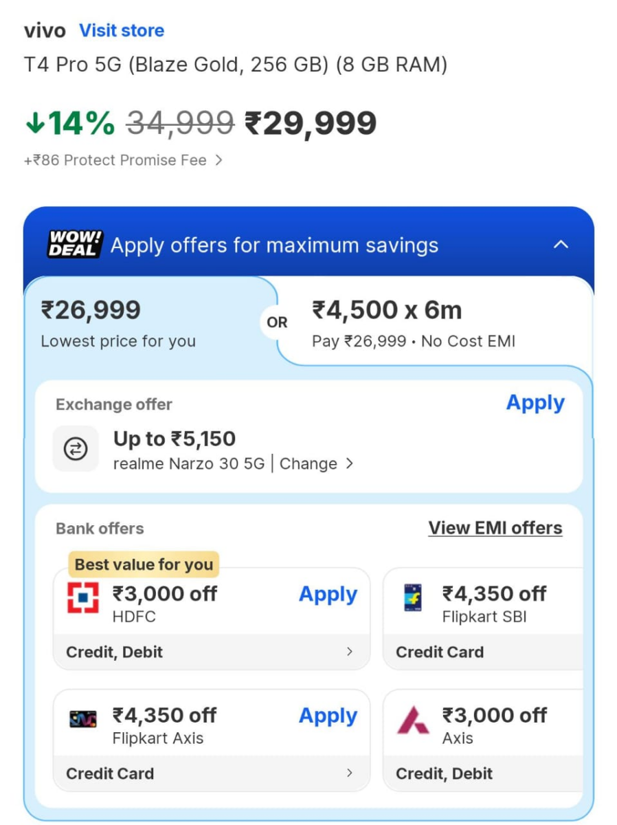 Vivo T4 Pro पर बैंक डिस्काउंट 