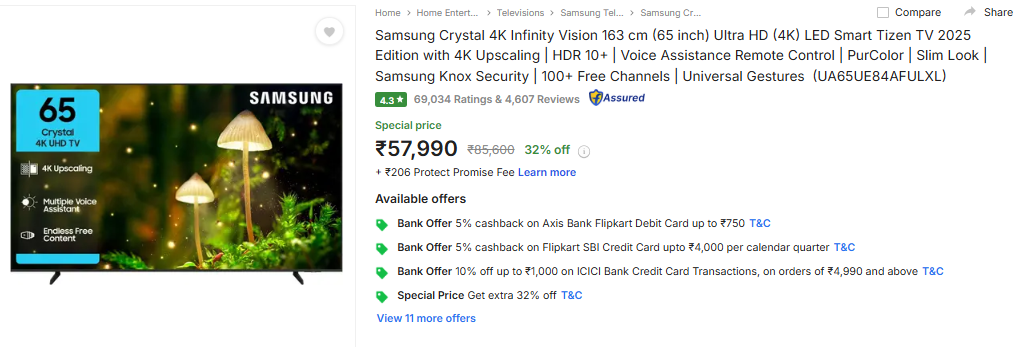 सैमसंग 65 इंच स्मार्ट टीवी प्राइस 