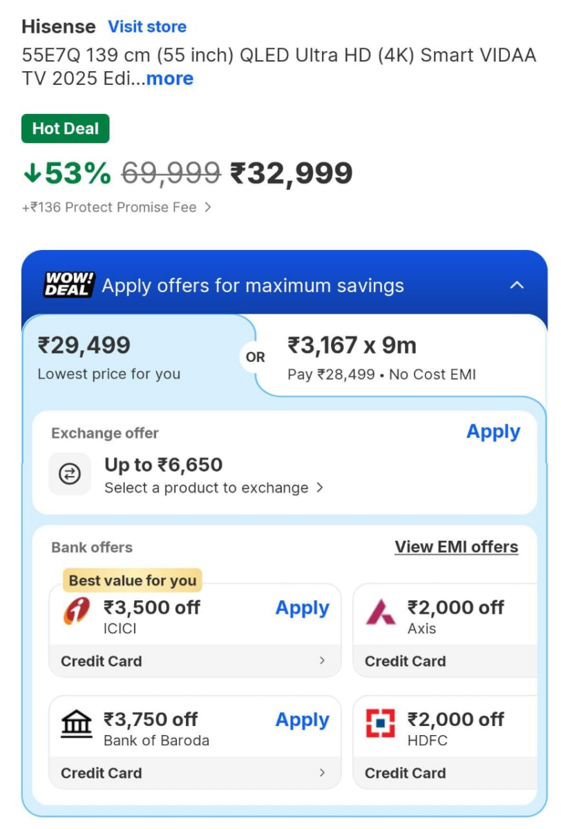 Hisense 55 इंच स्मार्ट टीवी प्राइस 