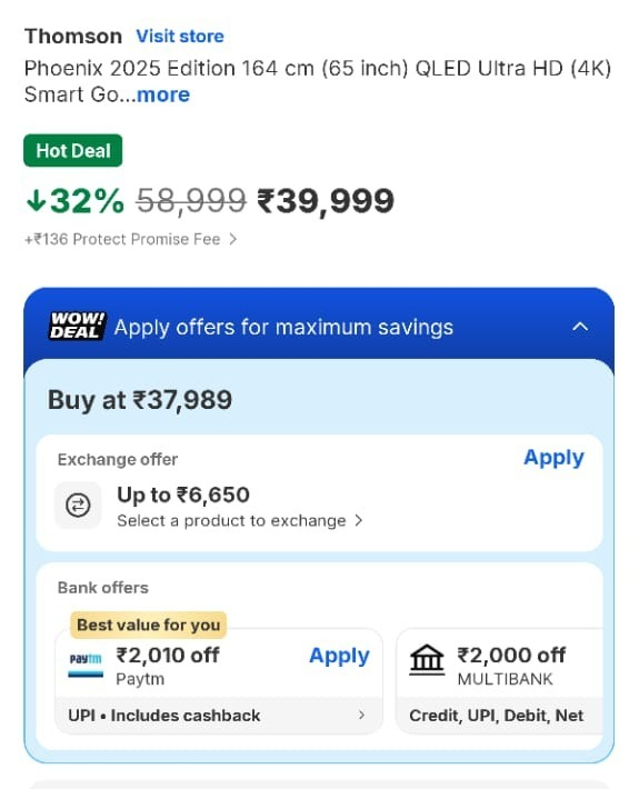 40 हजार से कम में मिल रहा 65 Inch Smart Tv, नये साल पर सस्ते में घर बैठे उठाएं थिएटर जैसा मजा 1 थॉमसन 65 इंच स्मार्ट टीवी प्राइस