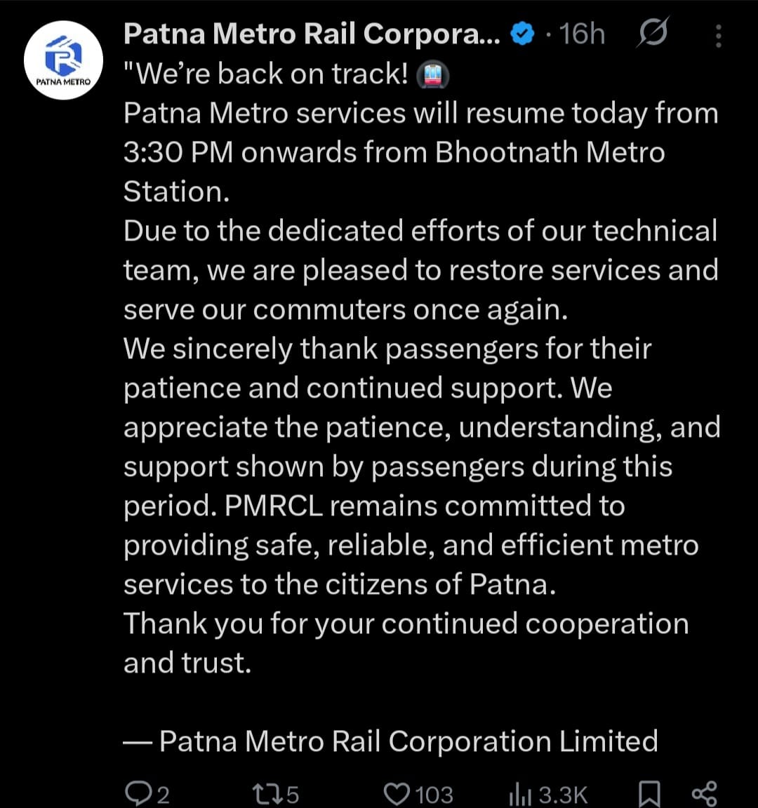 Patna Metro Tweet