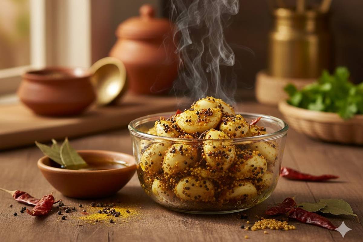 steamed garlic pickle recipe, garlic pickle indian style