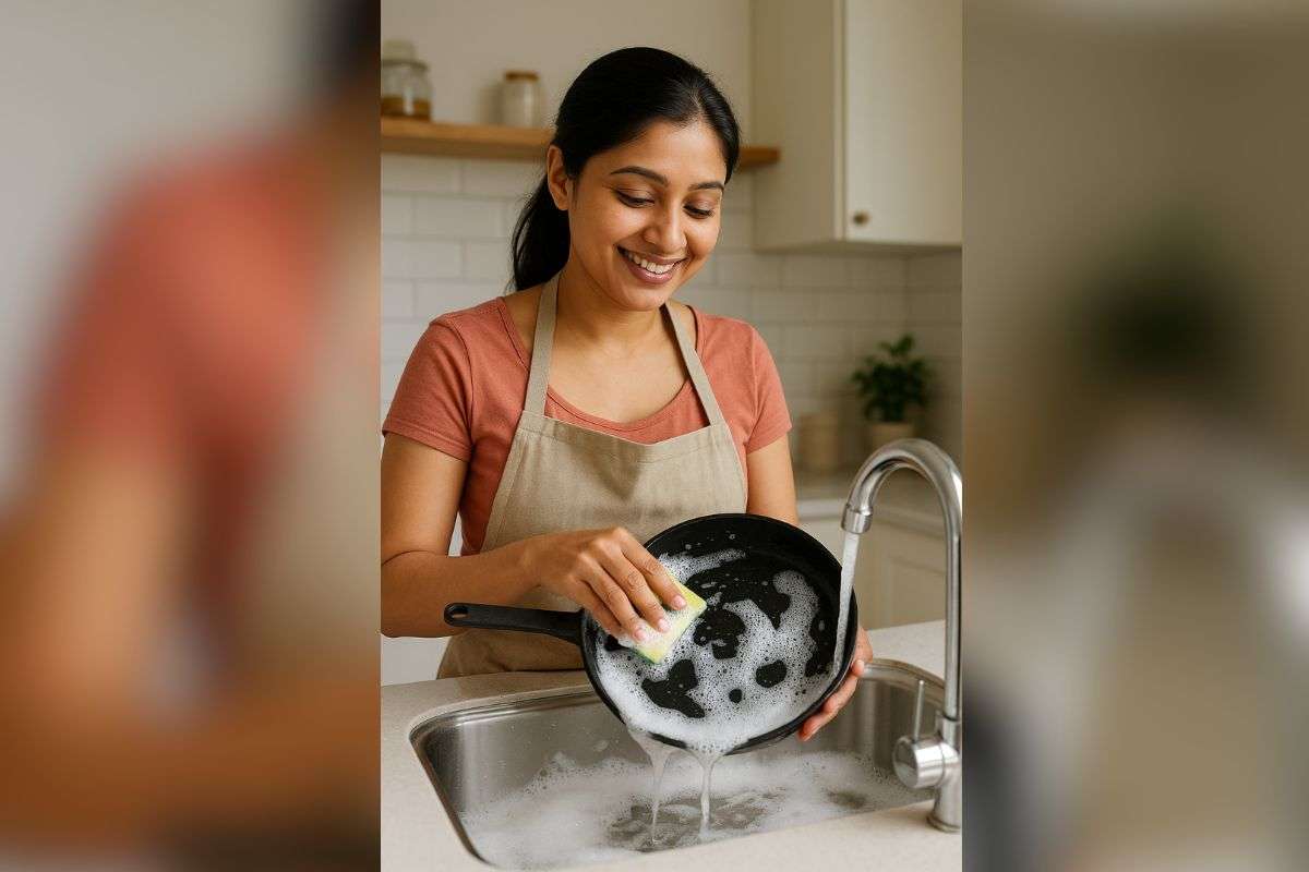 women cleaning tawa with shampoo (AI Generated)