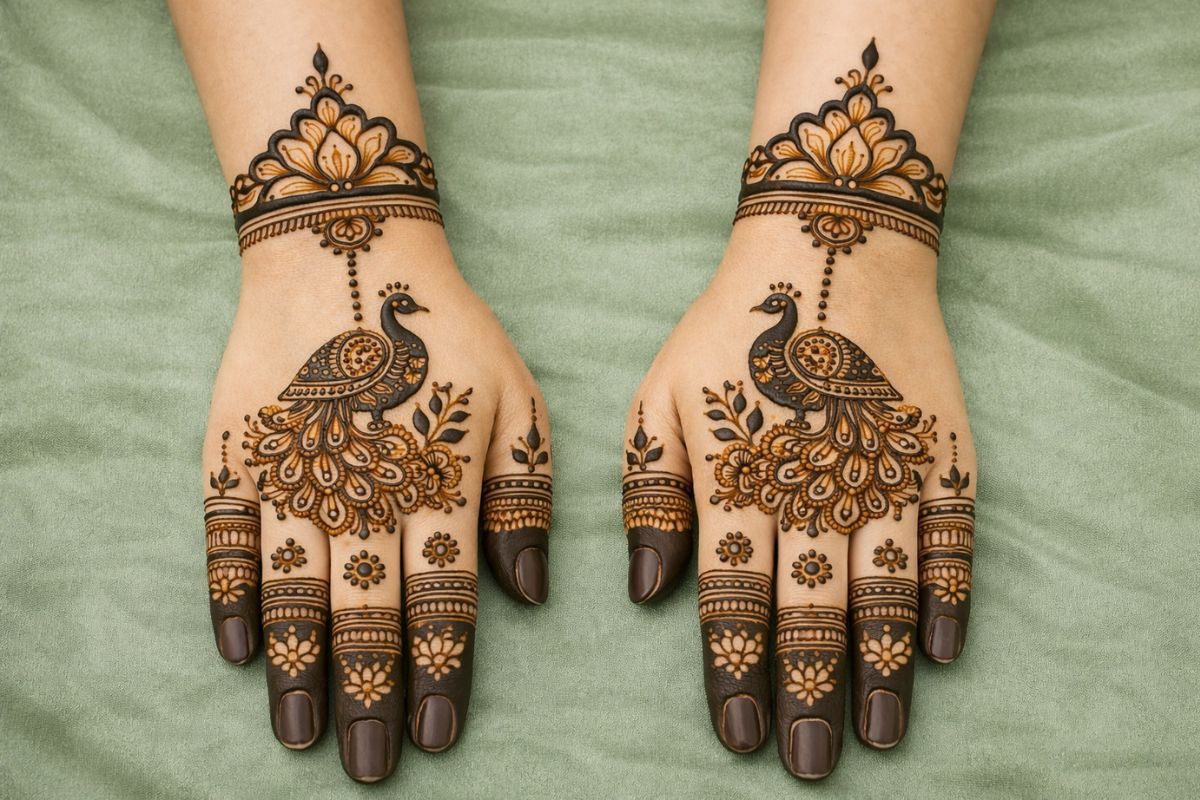 एआई लोहड़ी सिंपल मोर मेहंदी डिजाइन बैक हैंड 