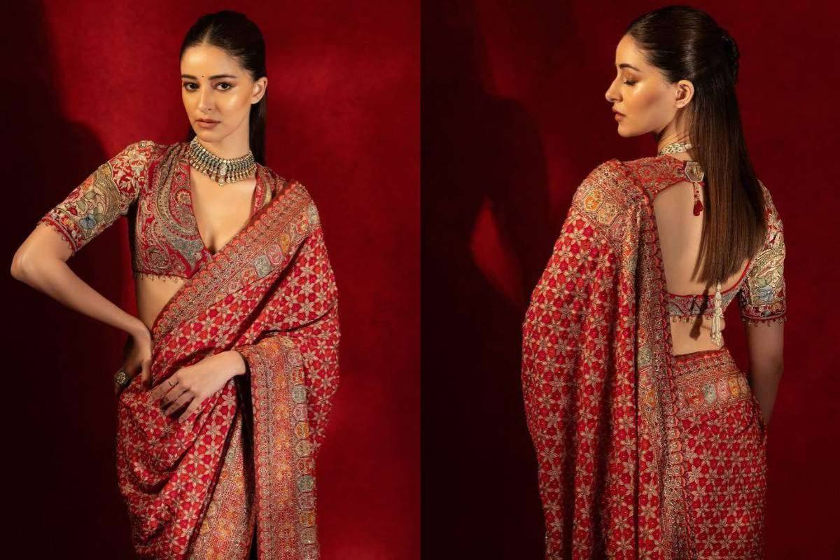 Designer Red Saree for Pooja Function – Ananya Pandey Style