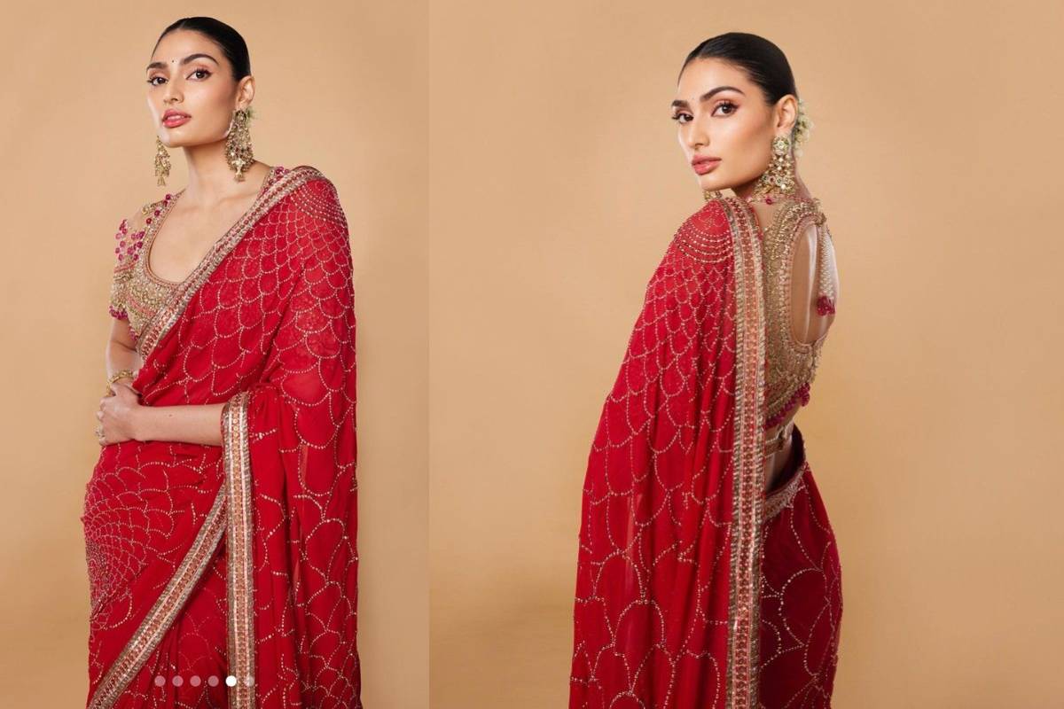 Georgette Red Saree for Pooja Path – Athiya Shetty Look