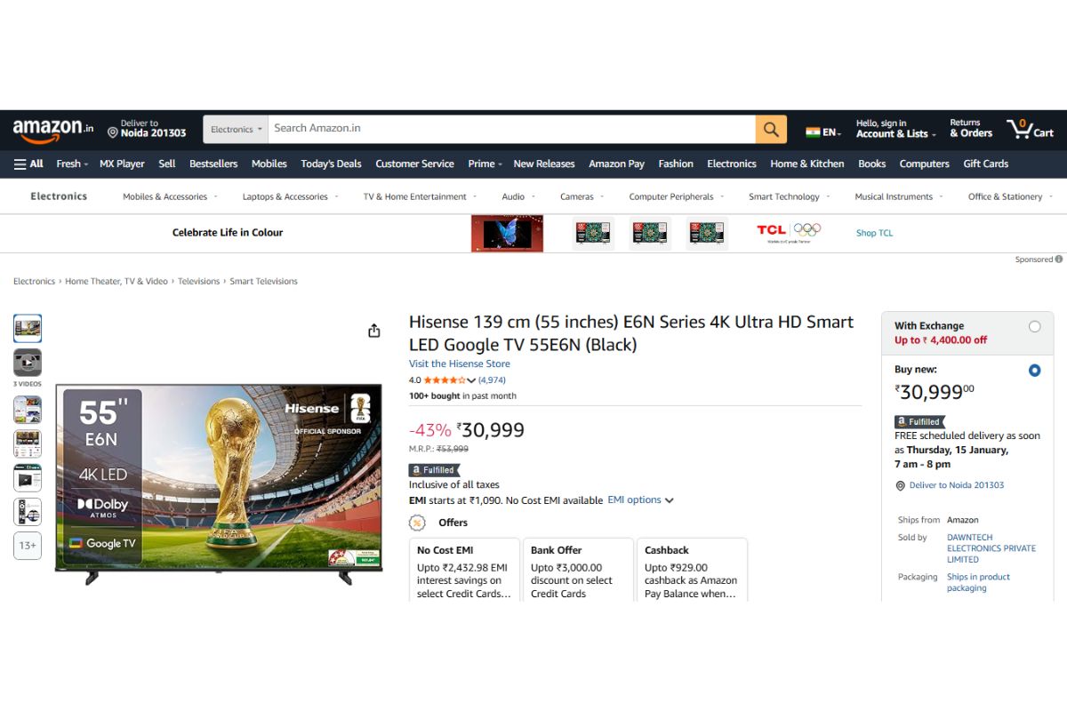 Amazon पर 55 इंच Smart Tv के दाम में हुई भारी गिरावट, लिस्ट में Sony और Samsung जैसे ब्रांड्स भी शामिल 5 Hisense E6N Series 4K Ultra Hd (55 Inches)