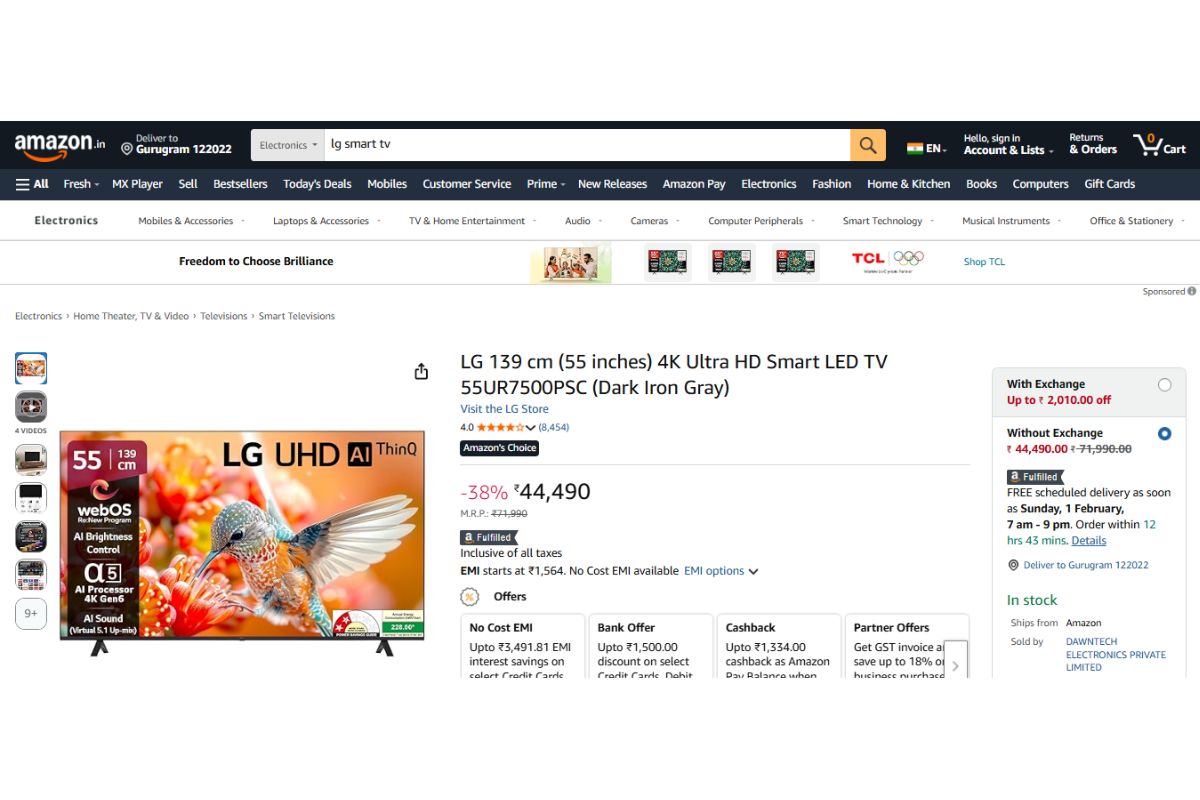 Amazon पर धम से गिरे 55 इंच Smart Tv के दाम, Sony-Lg जैसे बड़े ब्रांड्स भी लिस्ट में शुमार 1 Lg 4K Ultra Hd Smart Led Tv Ur Series (55 Inches)