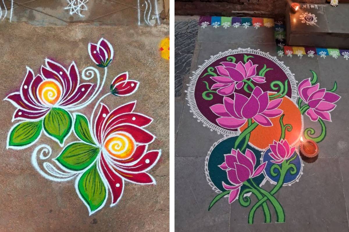 बसंत पंचमी के लिए कमल फूल रंगोली डिजाइन: Lotus Flower Rangoli Design for Basant Panchami