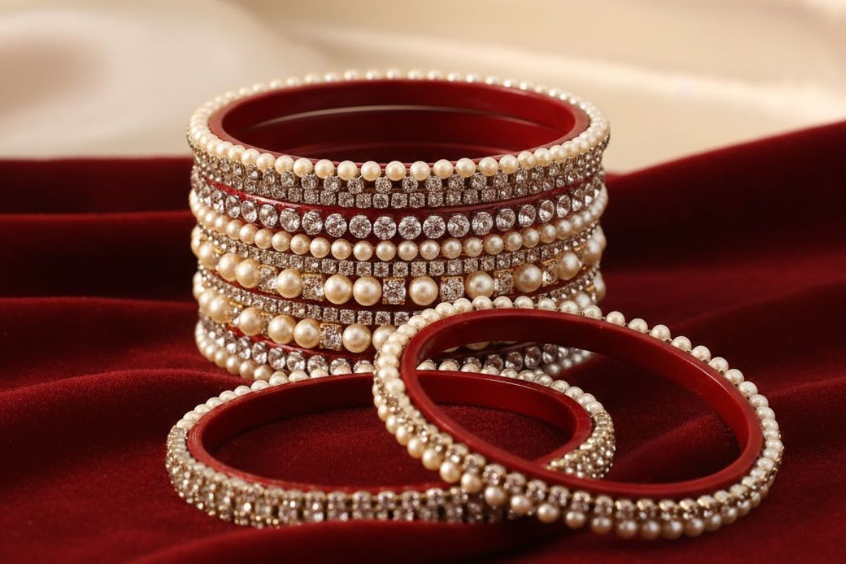 Stone And Pearl Combination Red Bangles Design