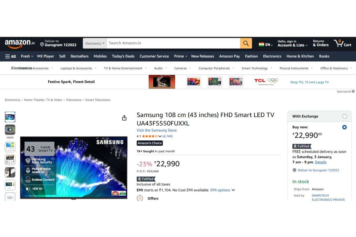 नए साल पर गिरे Samsung Smart Tv के 43, 55 और 65 इंच के दाम, चूक गए तो बस हाथ मलते रह जाएंगे 1 Samsung Fhd Smart Led Tv Ua43F5550Fuxxl (43 Inches