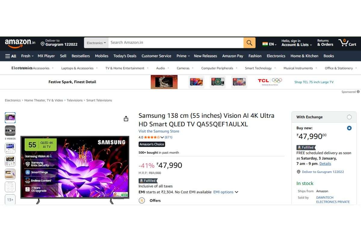 नए साल पर गिरे Samsung Smart Tv के 43, 55 और 65 इंच के दाम, चूक गए तो बस हाथ मलते रह जाएंगे 3 Samsung Vision Ai 4K Ultra Hd Smart Qled Tv (55 Inches)