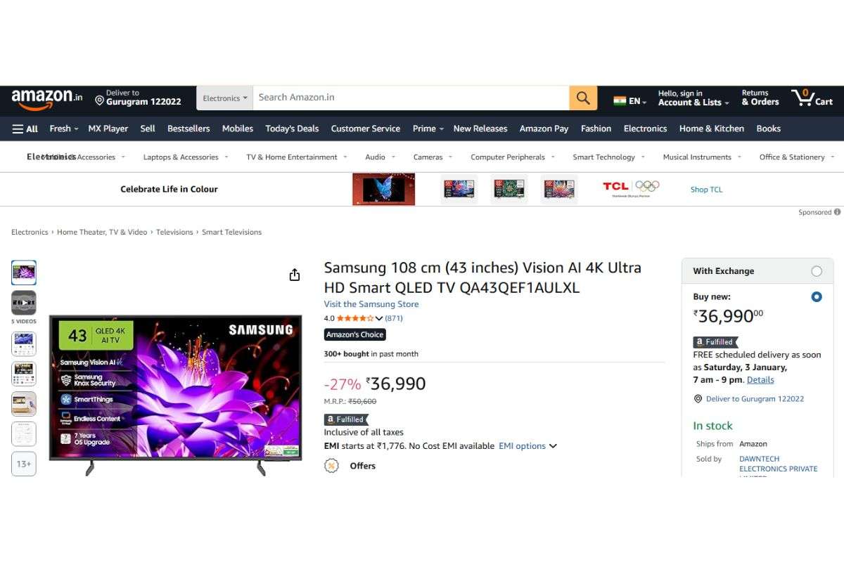 नए साल पर गिरे Samsung Smart Tv के 43, 55 और 65 इंच के दाम, चूक गए तो बस हाथ मलते रह जाएंगे 4 Samsung Vision Ai Qled Tv Qa43Qef1Aulxl (43 Inches)