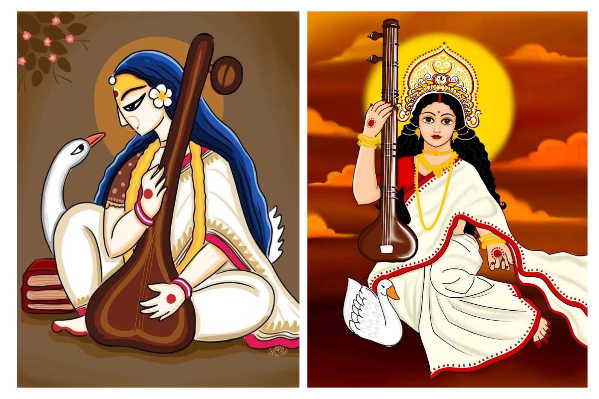 Basant Panchami Saraswati Puja 3D Rangoli Design Maa Saraswati rangoli for Vasant Panchami