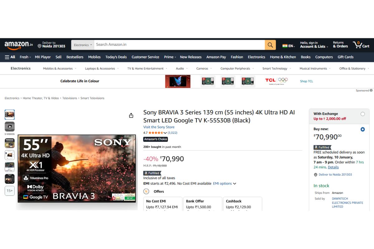 Amazon पर 55 इंच Smart Tv के दाम में हुई भारी गिरावट, लिस्ट में Sony और Samsung जैसे ब्रांड्स भी शामिल 1 Sony Bravia 3 Series 4K Ultra Hd (55 Inches)