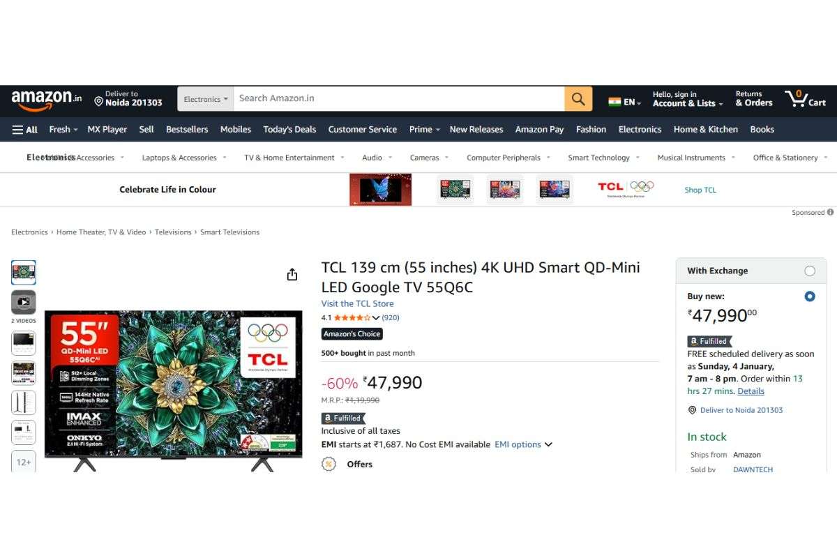 Tcl 4K Uhd Smart Qd-Mini Led Google Tv (55 Inches)