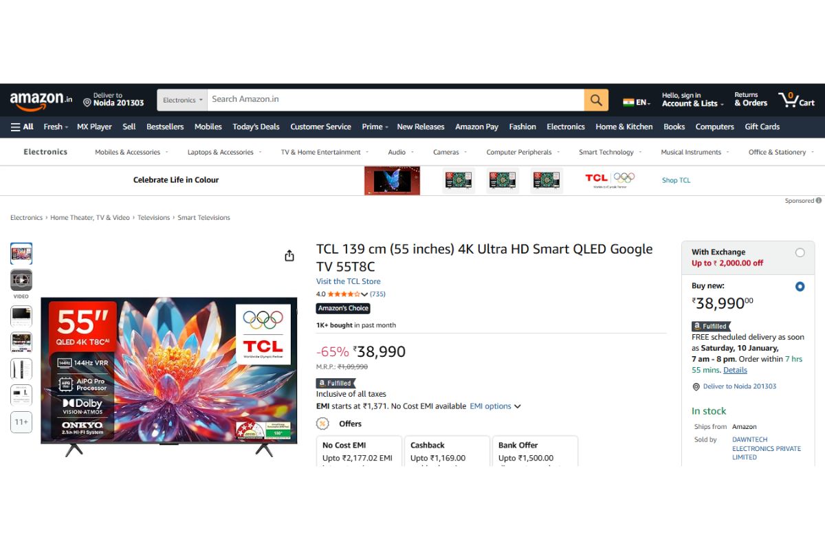 Amazon पर 55 इंच Smart Tv के दाम में हुई भारी गिरावट, लिस्ट में Sony और Samsung जैसे ब्रांड्स भी शामिल 4 Tcl 4K Ultra Hd Smart Qled (55 Inches)