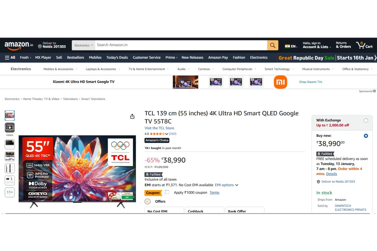 Tcl 4K Ultra Hd Smart Qled Google Tv (55 Inches)