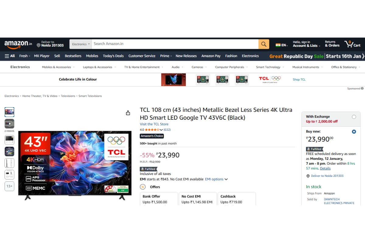 धड़ाम से गिरे 43 इंच 4K Smart Tv के दाम, पिक्चर और साउंड ऐसे कि रूम बन जाए सिनेमाहॉल, देखें लिस्ट 3 Tcl Metallic Bezel Less Series 4K Ultra Hd (43 Inches)