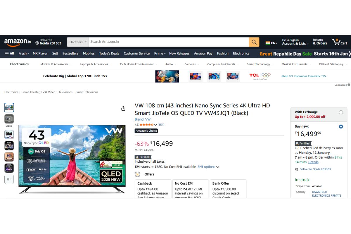 धड़ाम से गिरे 43 इंच 4K Smart Tv के दाम, पिक्चर और साउंड ऐसे कि रूम बन जाए सिनेमाहॉल, देखें लिस्ट 1 Vw Nano Sync Series 4K Ultra Hd (43 Inches)