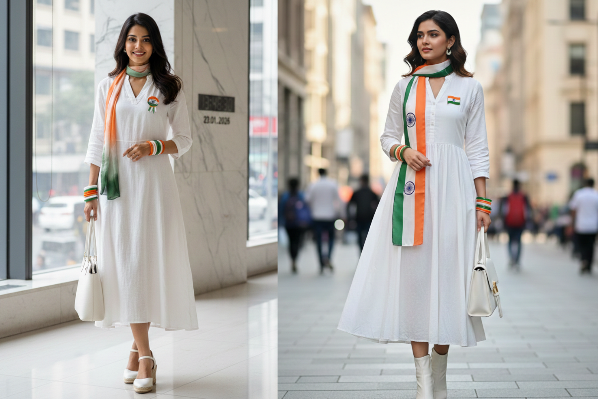 White Dress with Tricolour Accessories