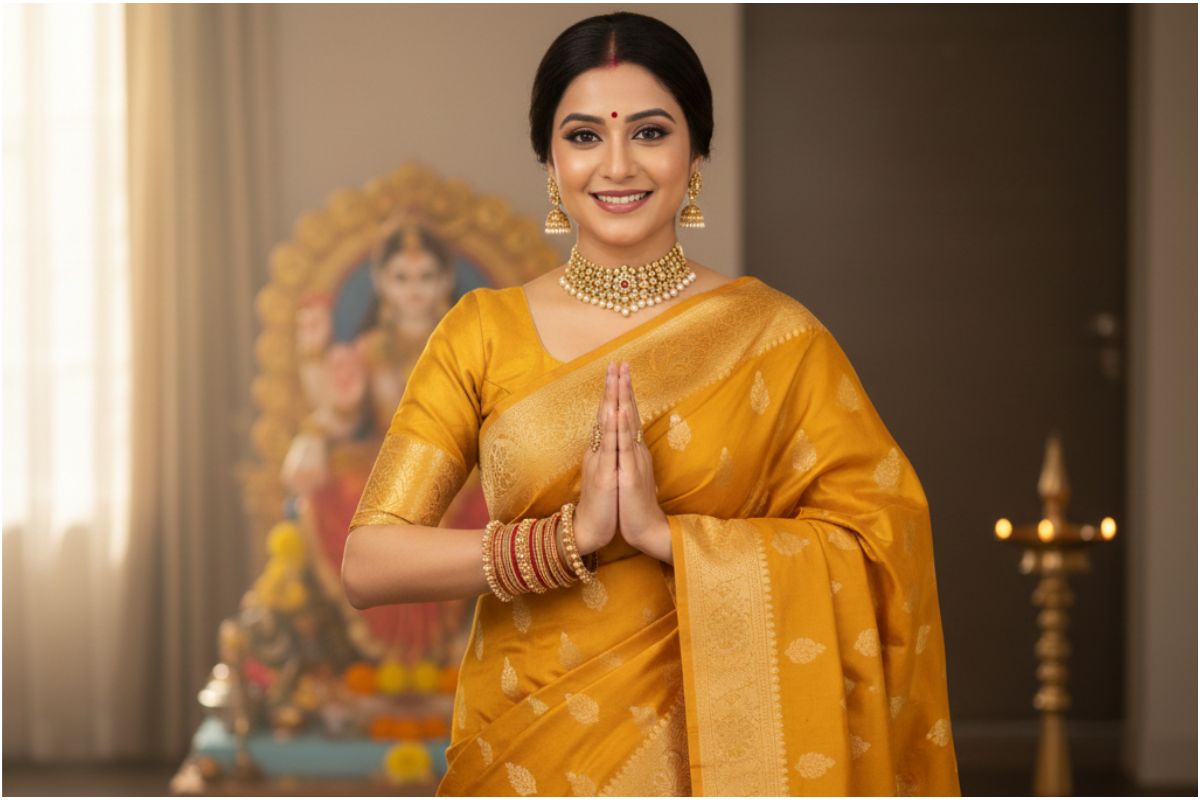 Yellow Saree Designs For Saraswati Puja 3