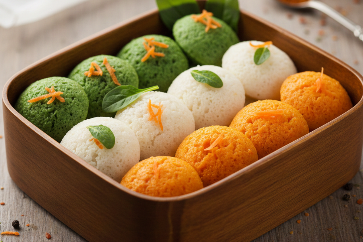 Steamed Tricolor Mini Idlis made with spinach and carrot