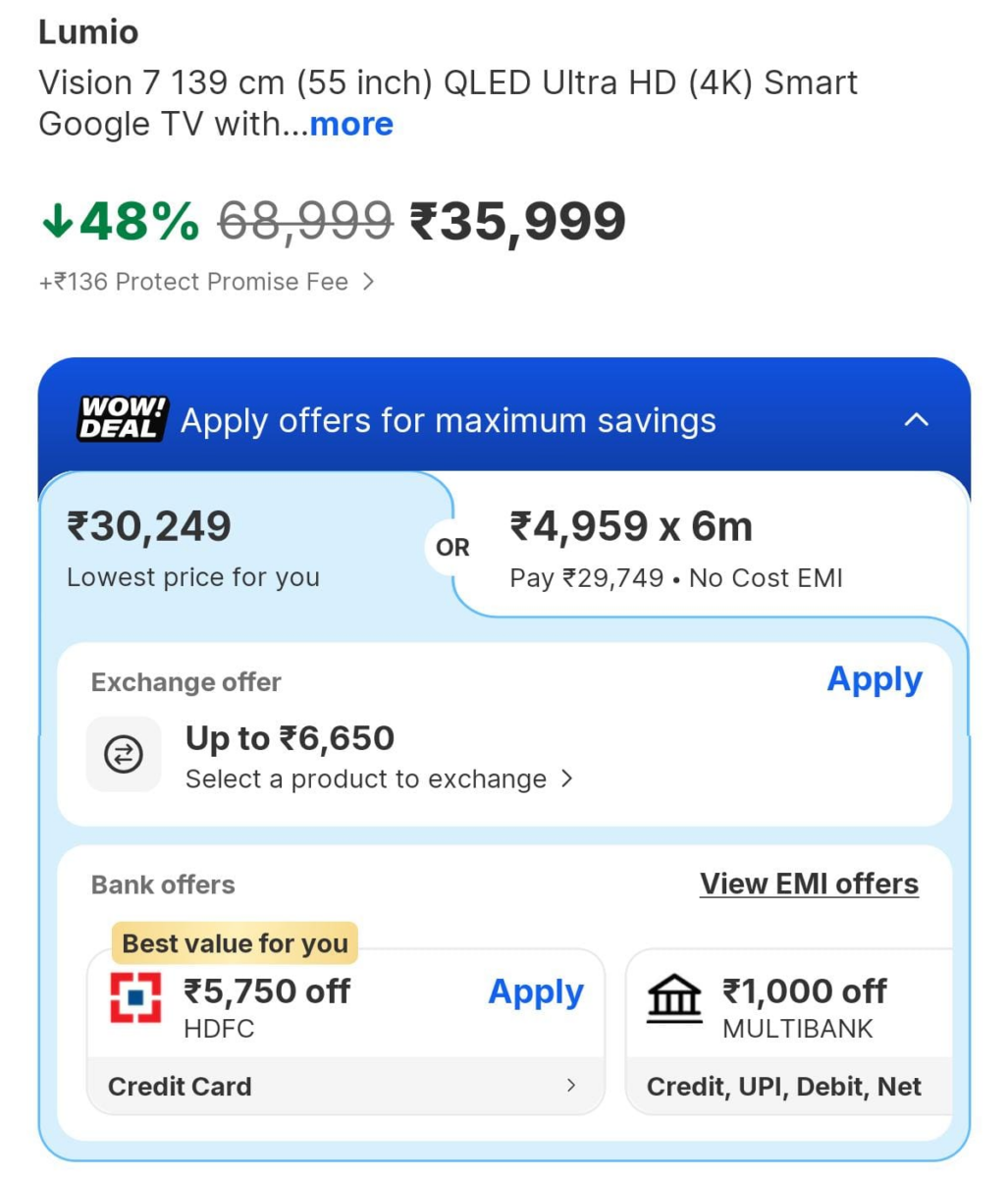30 हजार में 55 इंच का Smart Tv, फीचर्स ऐसे कि फैन हो जाएंगे, फटाफट चेक करें डील 1 Lumio Vision 7 स्मार्ट टीवी की कीमत