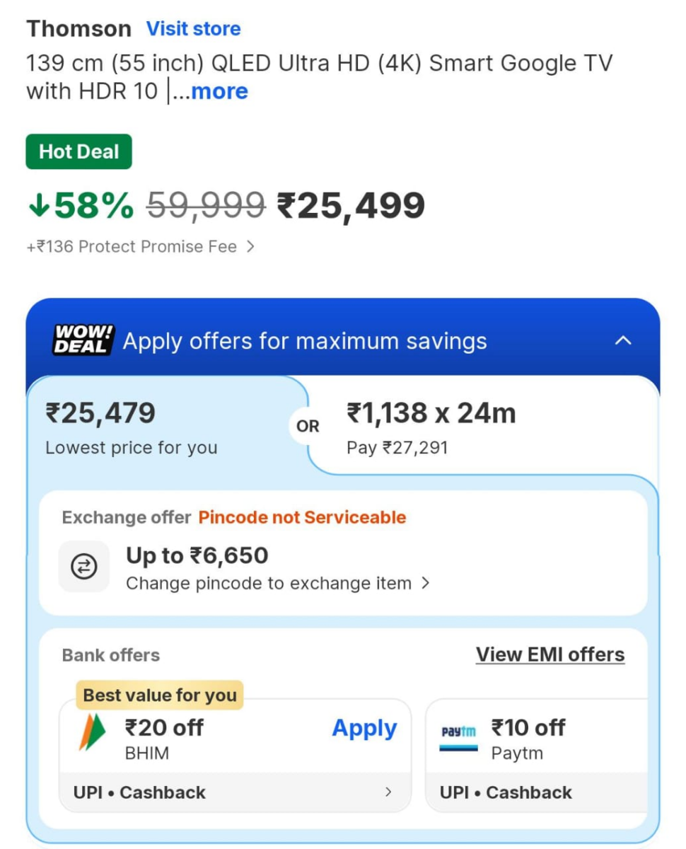 थॉमसन 55 इंच स्मार्ट टीवी प्राइस 