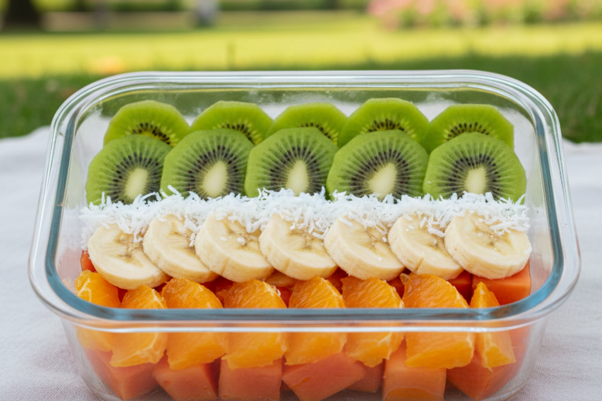 Saffron, White, and Green fruit salad arrangement for kids