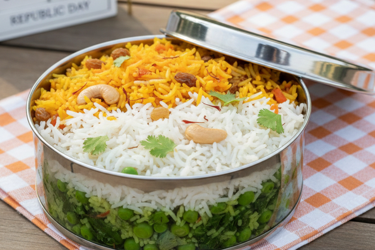 Layered Tricolor Veg Pulao representing the Indian flag