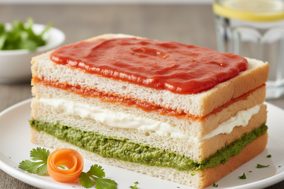 3-layer Veg Tricolor Sandwich with mint chutney and ketchup