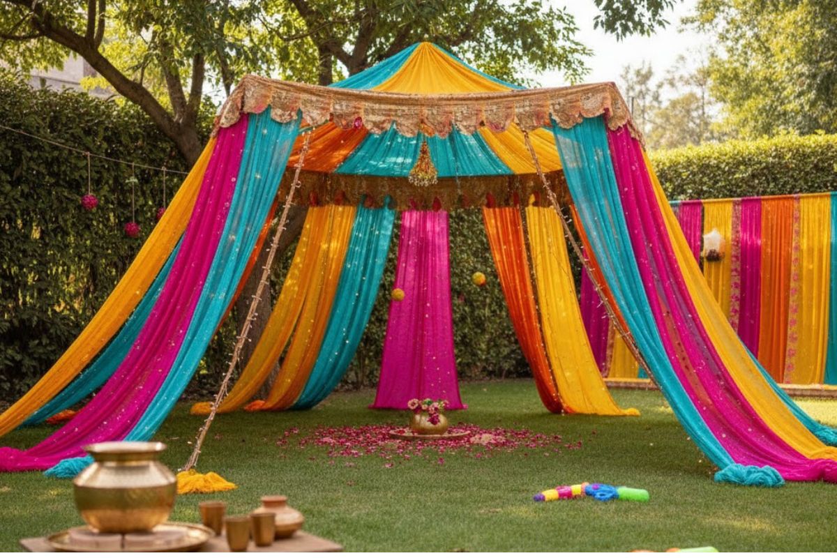 इस बार की होली पार्टी को बनाएं यादगार, कम खर्च में ऐसे प्लान करें Home Garden Party 1 Budget Holi Decoration Diy Drapes