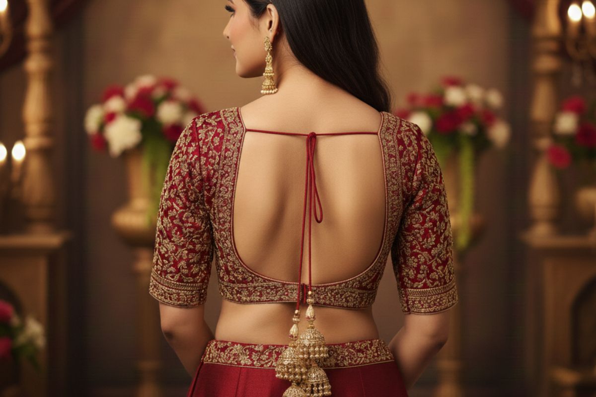 दुल्हन के लुक में चार चांद लगा देंगे ये लेटेस्ट ब्लाउज डिजाइंस, देखें सबसे खूबसूरत पैटर्न्स 2 Deep Neck With Dori Bridal Blouse Design