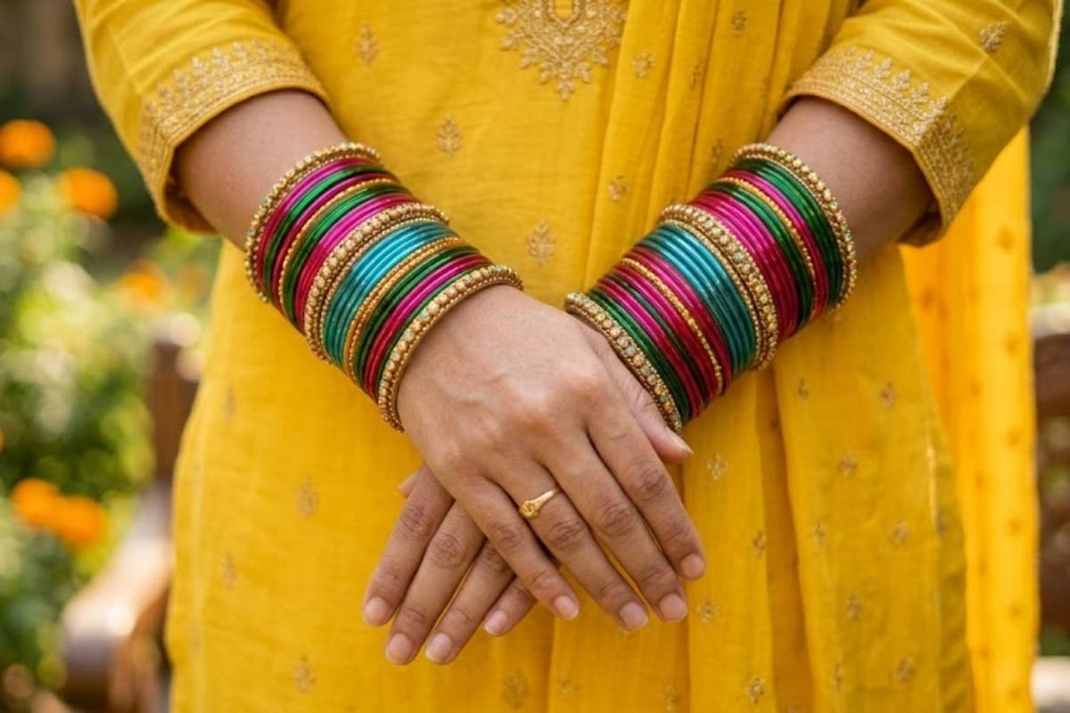 येलो ड्रेस की रौनक बढ़ाएं, पहनें इस तरह के बैंगल्स डिजाइन 1 Multicolour Bangles (Ai Image)