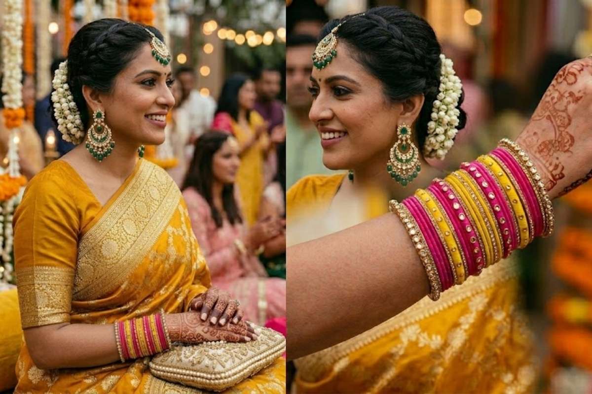 येलो ड्रेस की रौनक बढ़ाएं, पहनें इस तरह के बैंगल्स डिजाइन 4 Pink With Yellow Combination Bangles (Ai Image)