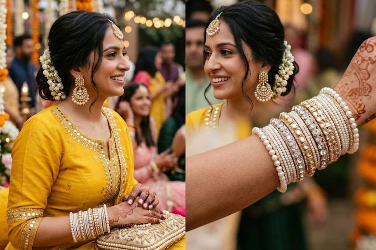 येलो ड्रेस की रौनक बढ़ाएं, पहनें इस तरह के बैंगल्स डिजाइन 2 Pearl And Crystal Bangles (Ai Image)
