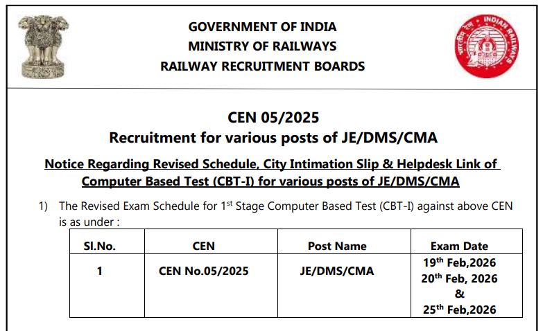 Rrb Je Exam Notice