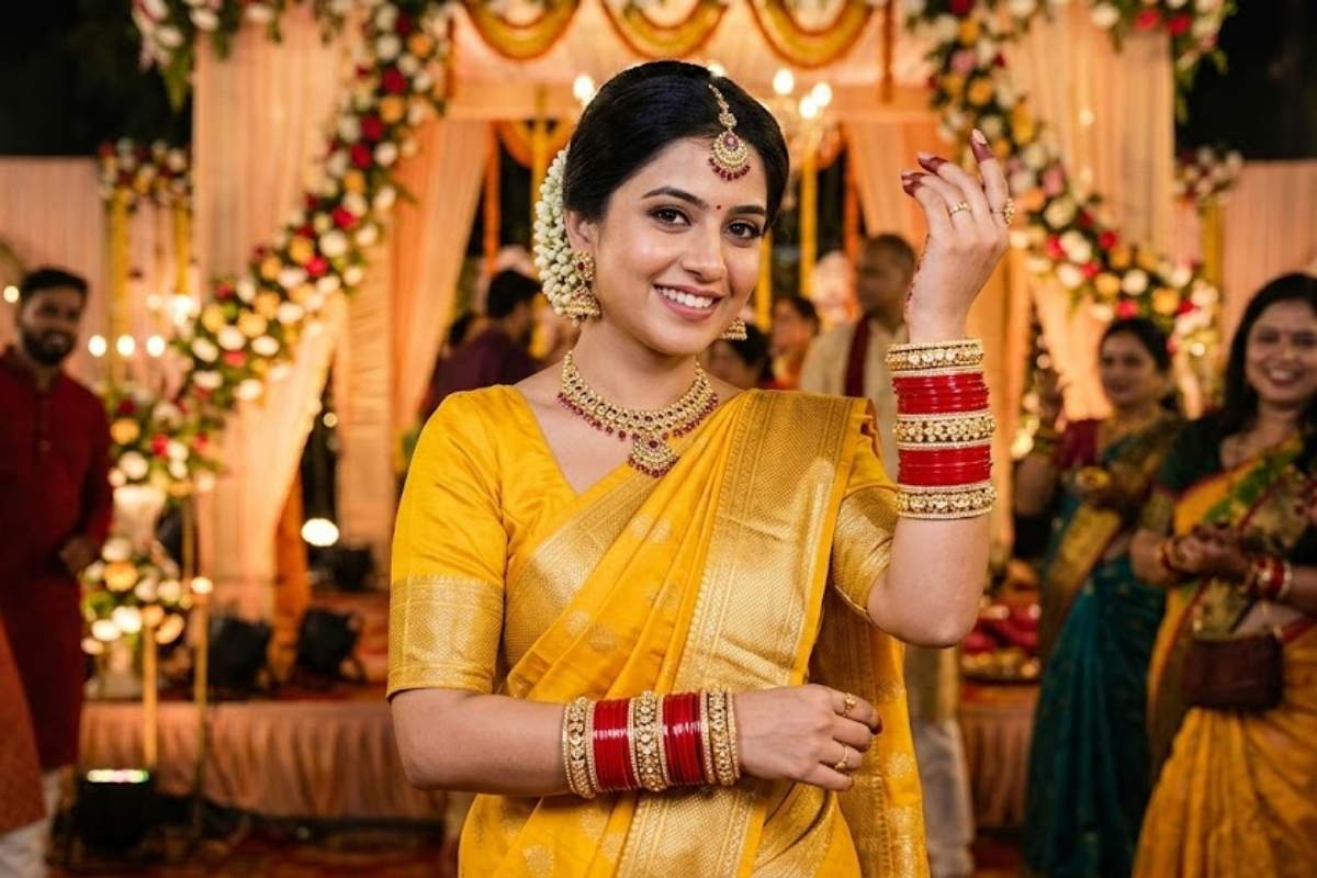 येलो ड्रेस की रौनक बढ़ाएं, पहनें इस तरह के बैंगल्स डिजाइन 5 Red Bangles (Ai Image)